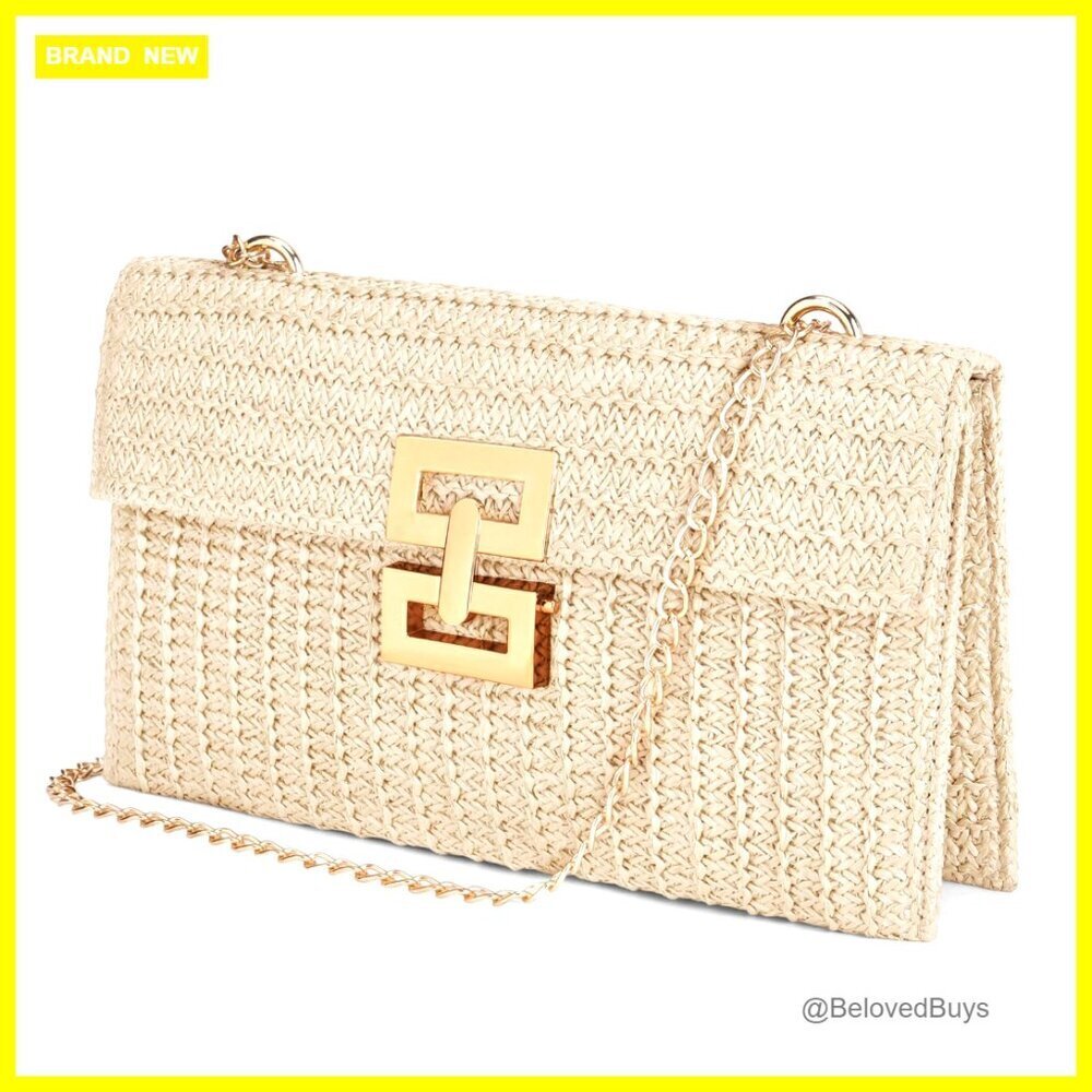 Straw Woven Envelope Clutch with Removable Chain, 10.43x6.5 Inches